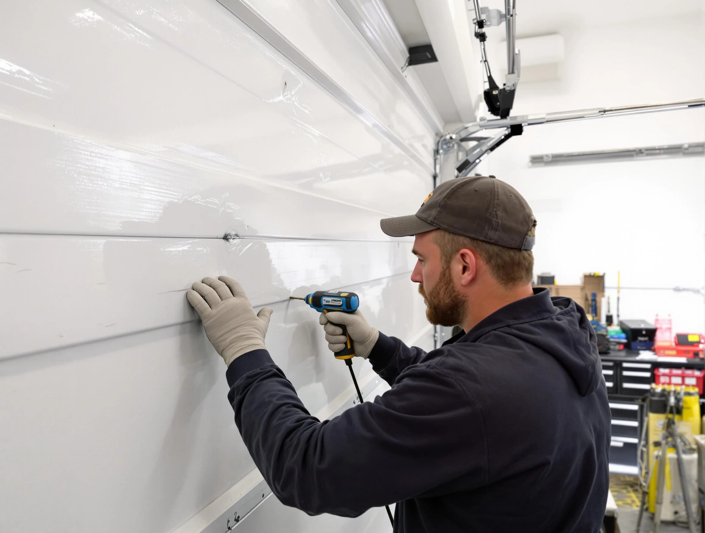 Innsbrook Garage Door Repair technician demonstrating precision dent removal techniques on a Innsbrook garage door